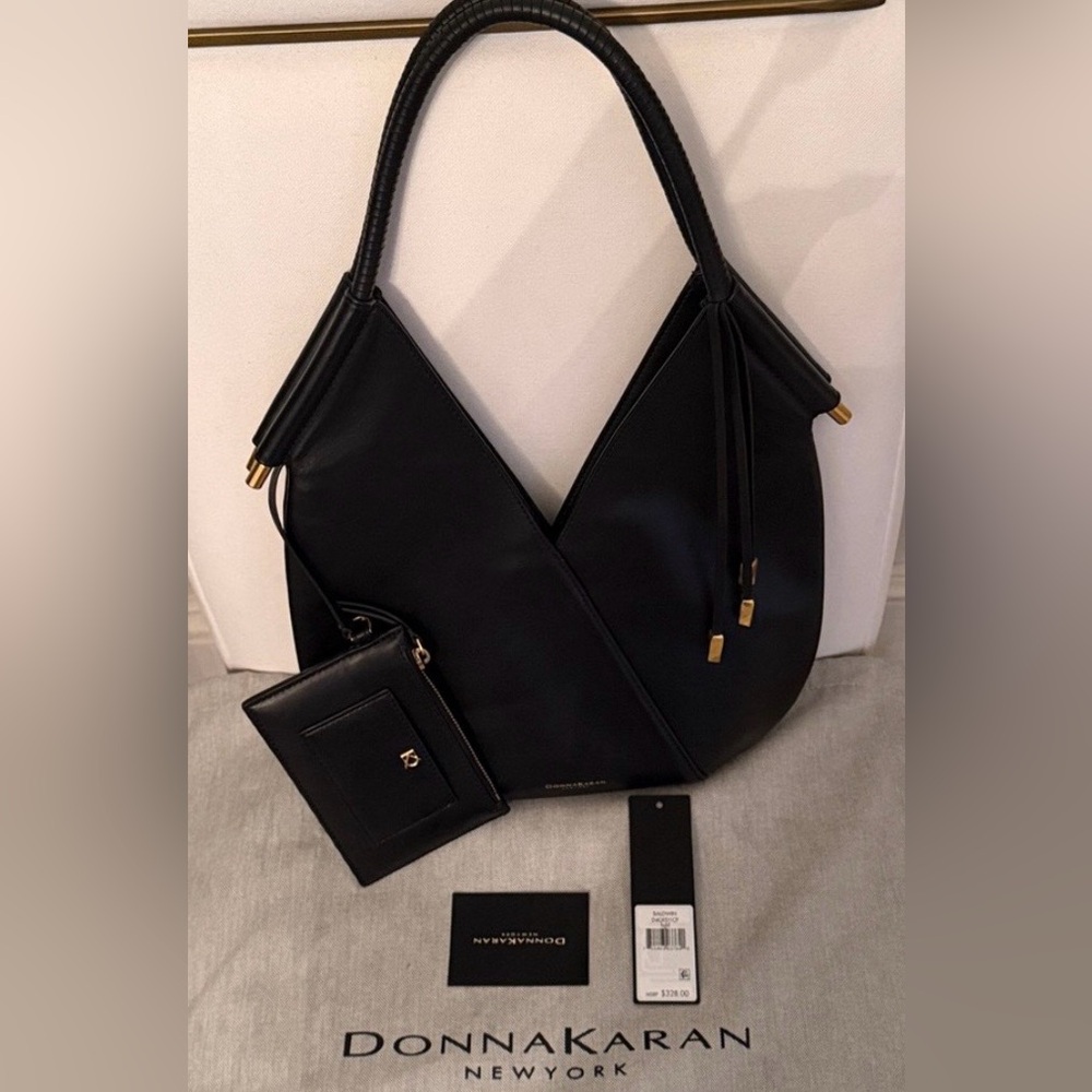 Donna Karan Black Leather Shoulder Hobo with Card Pouch
